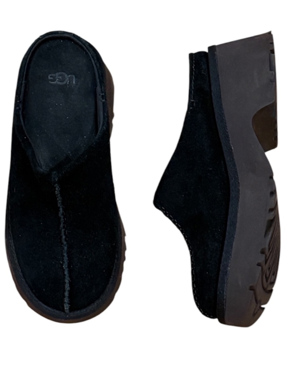 Worn once UGG Black New Heights suede platform clogs mules 38 7